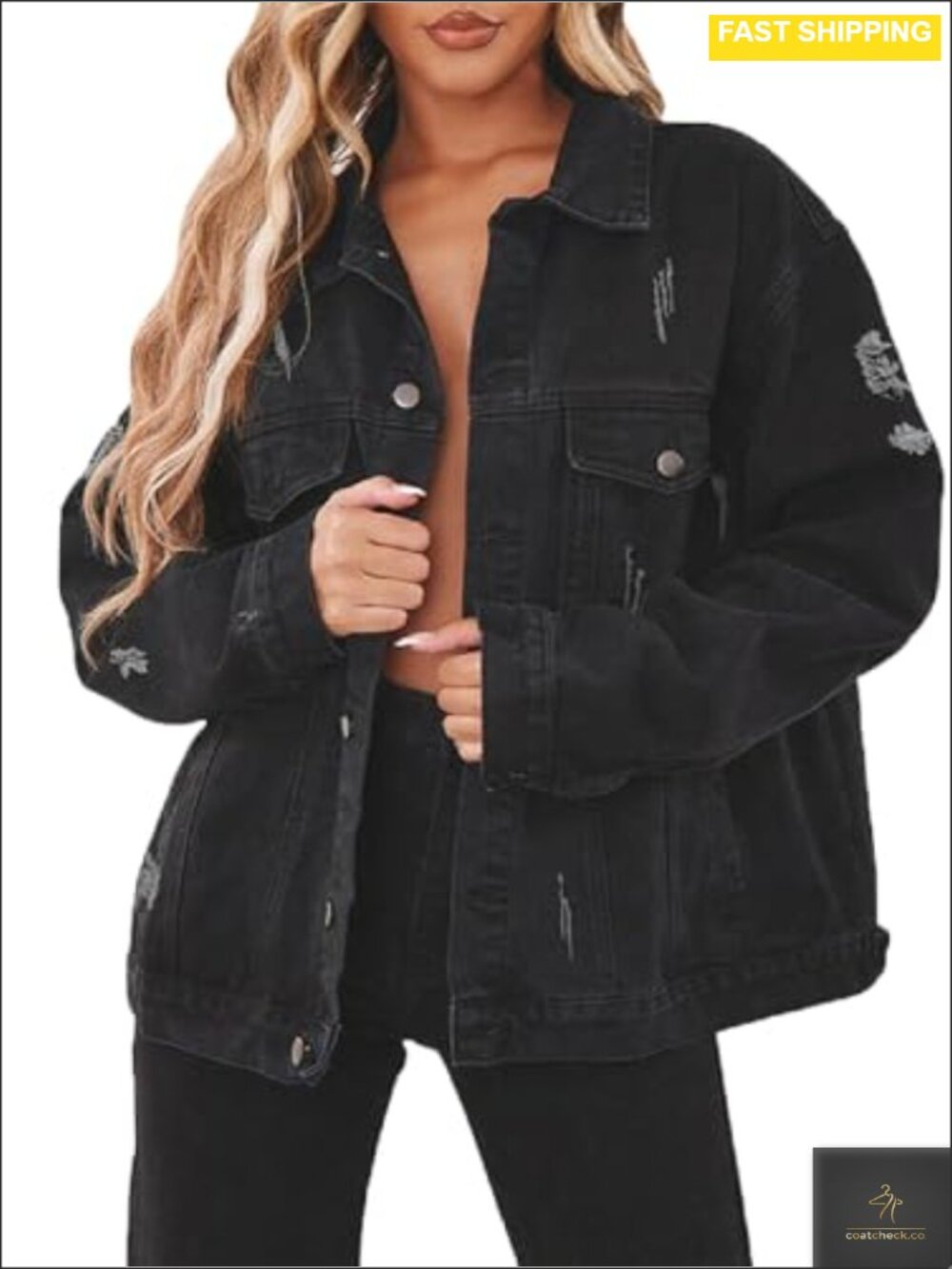 Oversized Denim Trucker Jacket Long Sleeve Button Down Ripped Relaxed Fit